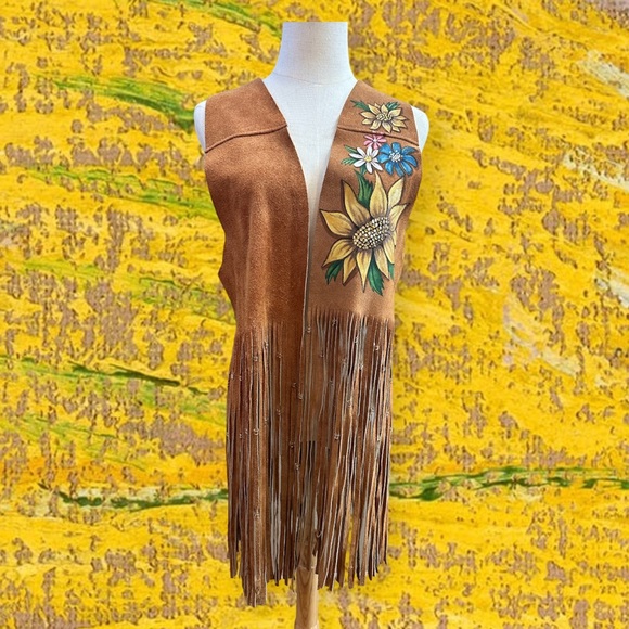 Berman Buckskin vintage long fringe suede vest handpainted cheetah flowers sz SM - Picture 11 of 16